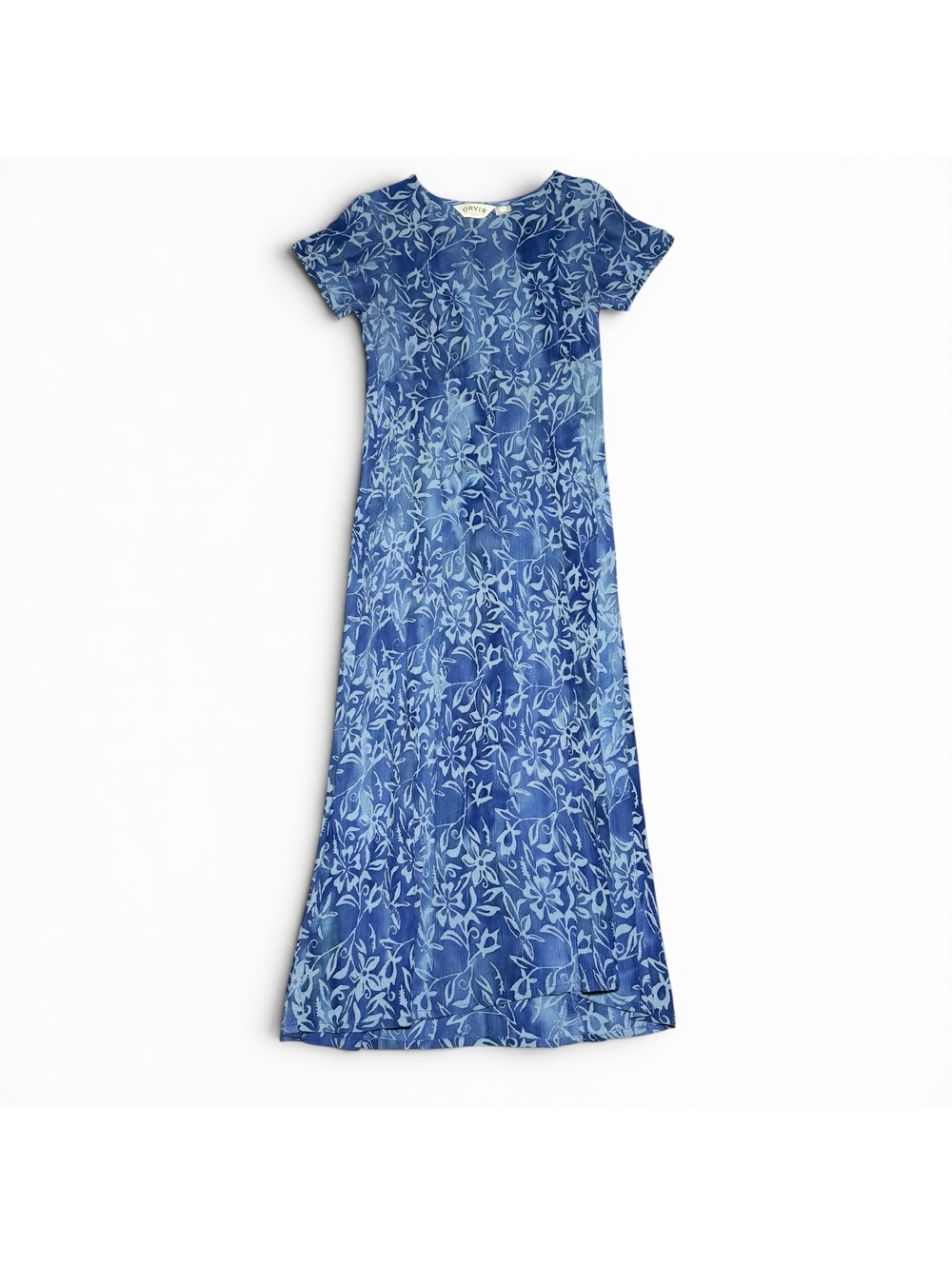 Vintage Orvis Blue Floral Rayon Crinkle Maxi Dress Medium